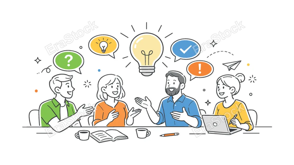 Colleague chat brainstorming scenario showing coworkers exchanging ideas and collaborating on solutions in a creative office setting, using a light bulb and dialogue