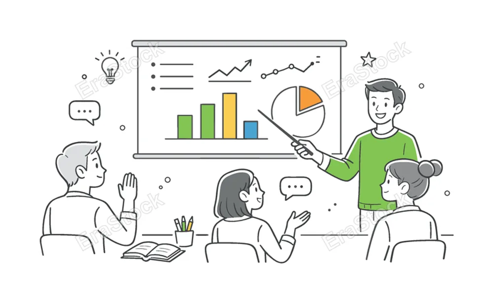 Educational digital presentation in a learning environment where a teacher or student explains concepts visually, depicted by a screen with simple charts and a pointer as