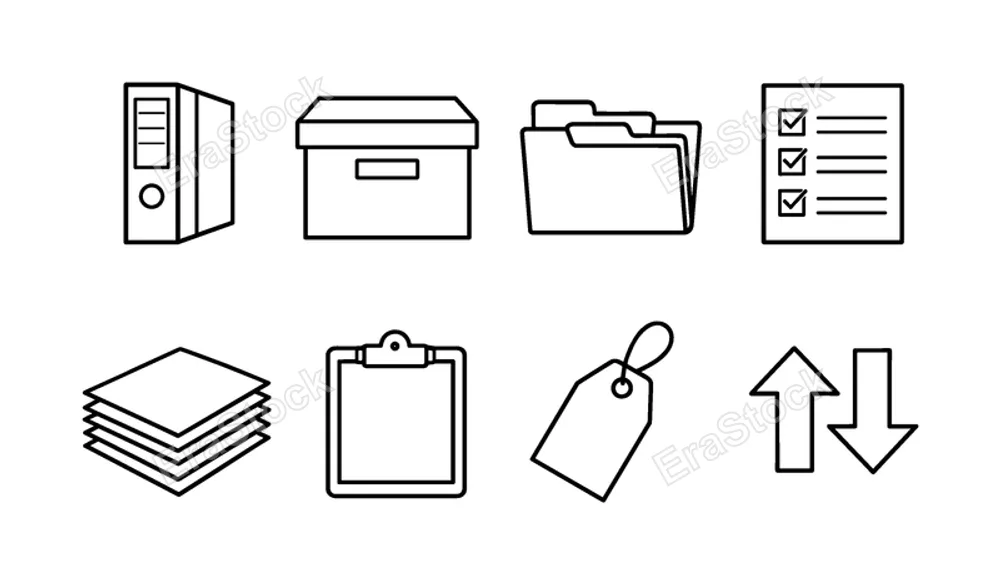 Document organization tools: binder, archive box, labeled tab, checklist document, paper stack, clipboard, tag label, sorting arrows.