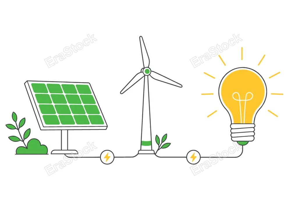 Illustration of solar panel and wind turbine connected to a glowing light bulb symbolizing clean energy generation and innovation
