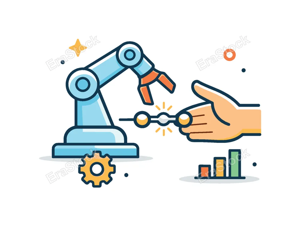 Smart manufacturing and human-machine collaboration in a future-ready industry concept focused on productivity and optimized workflows, a robotic arm paired with a simple