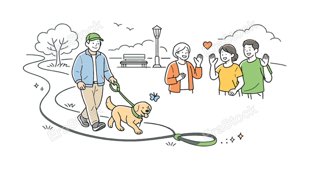 Healthy aging lifestyle scene where a grandfather walks his loyal dog through a peaceful park environment while neighbors greet each other nearby, a dog leash and a park path