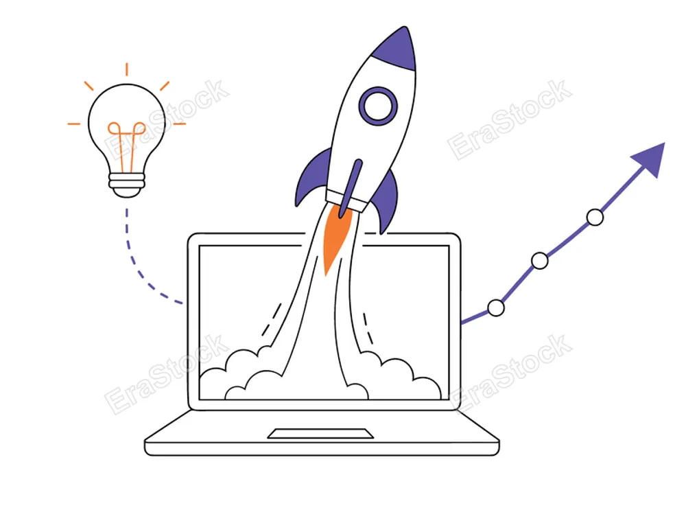 A stylized illustration depicts a rocket emerging from a laptop screen, symbolizing a new venture, with an idea lightbulb and upward trending graph