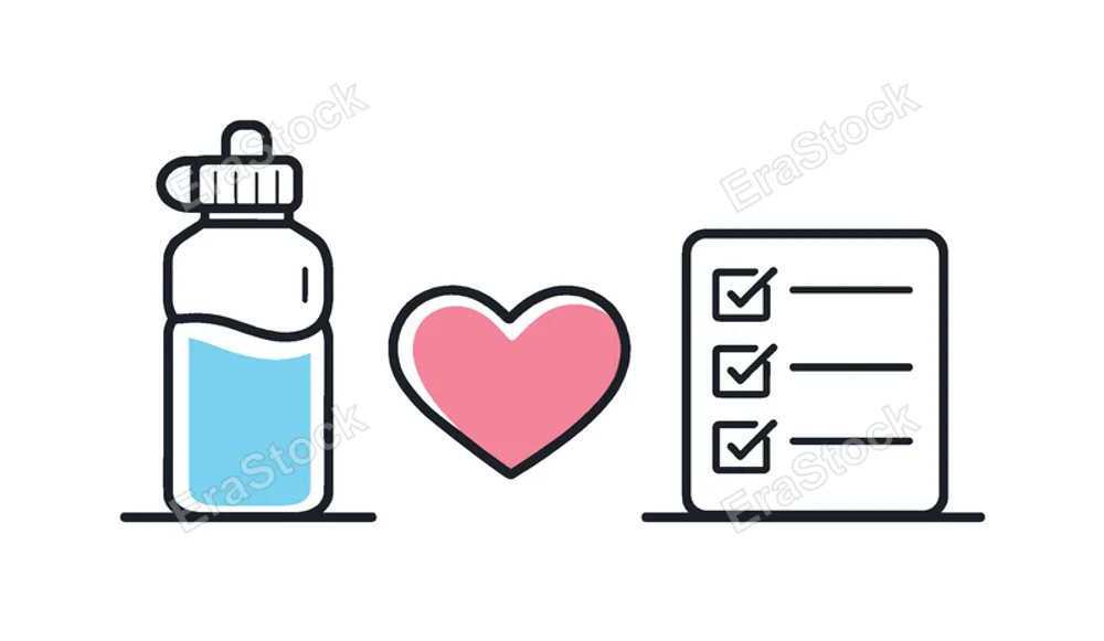 Healthy daily habits and balanced lifestyle routines supporting personal wellbeing, a simple water bottle beside a small heart and a checkmark list forming a clean visual metaphor