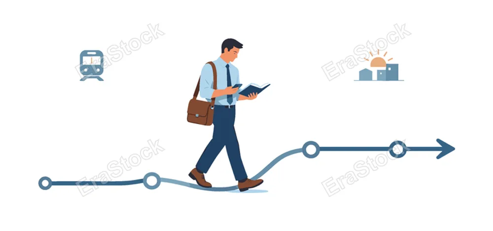 A professional commuting to work during morning hours using public transportation, standing calmly while reviewing daily plans and preparing mentally for the day ahead,