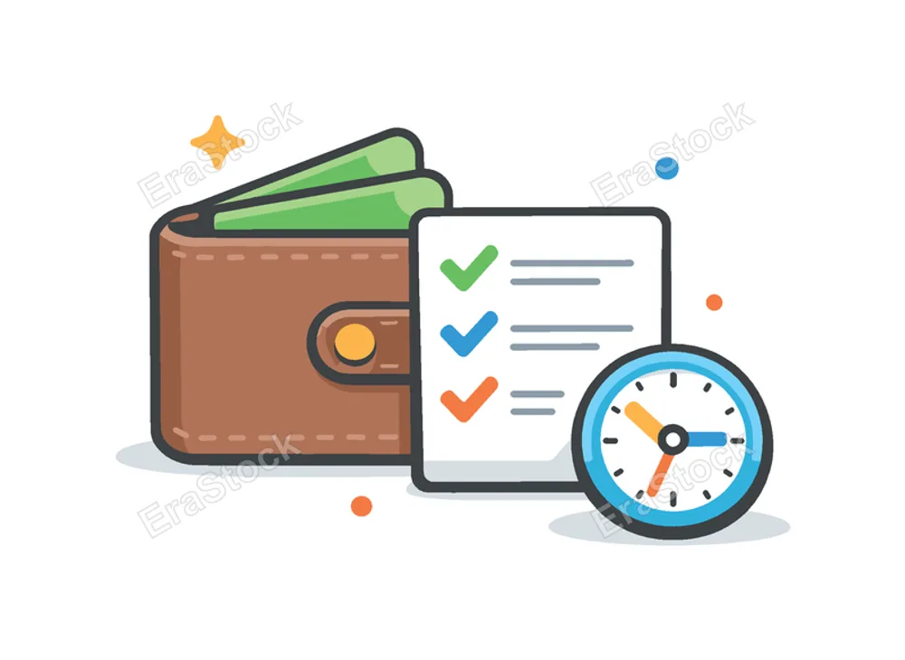 Financial loan administration and debt management supporting users in maintaining organized records and meeting obligations over time, a wallet combined with a checklist