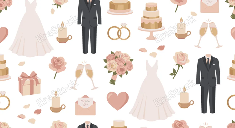 Wedding celebration seamless pattern for romantic event and bridal themes featuring bride dress, groom suit, wedding cake, ring, diamond ring, bouquet, rose, champagne glass, gift