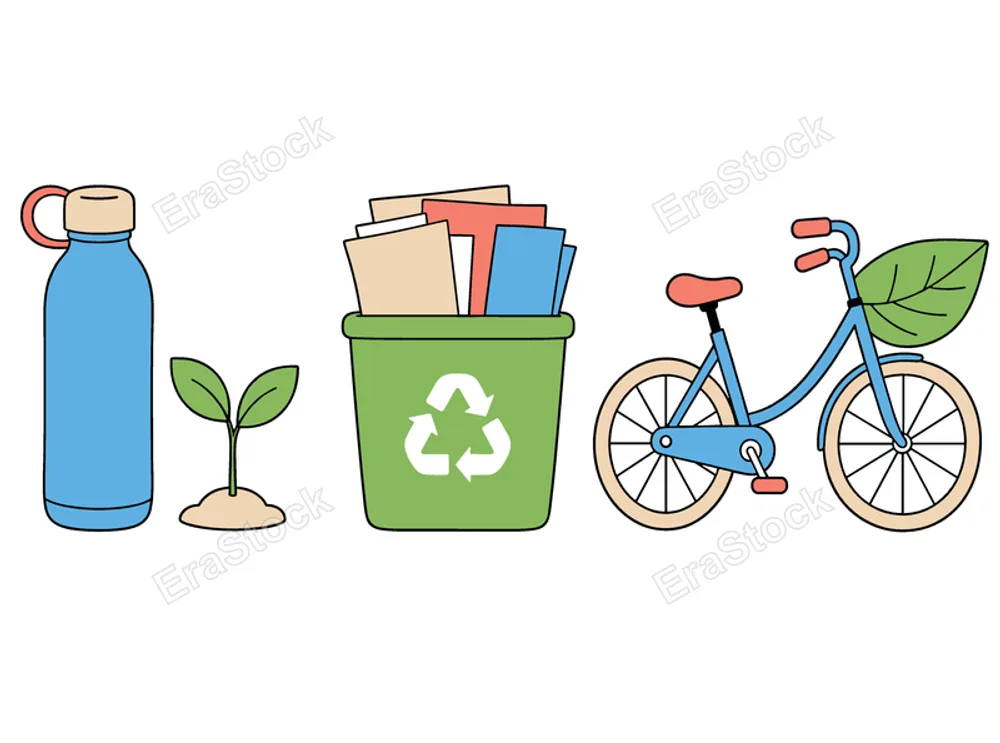 A collection of simple, flat design illustrations representing eco-friendly practices and a healthy lifestyle