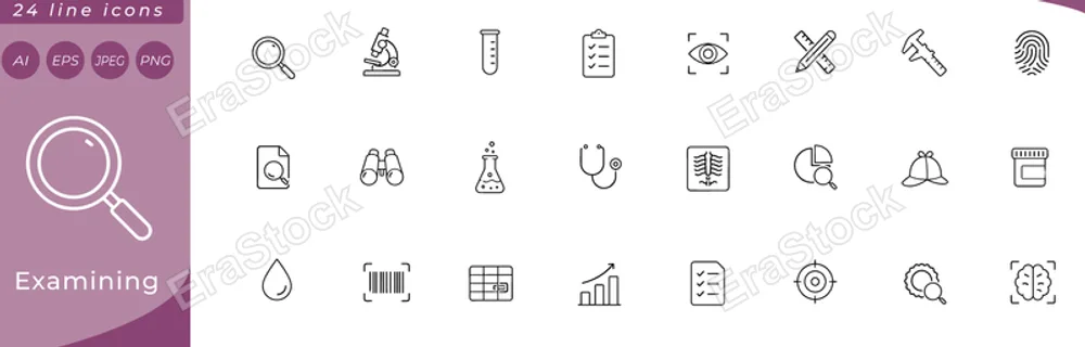 Examining: magnifying glass, microscope, test tube, clipboard with checklist, eye with scan lines, ruler and pencil crossed, caliper tool, fingerprint, document with magnifying glass badge