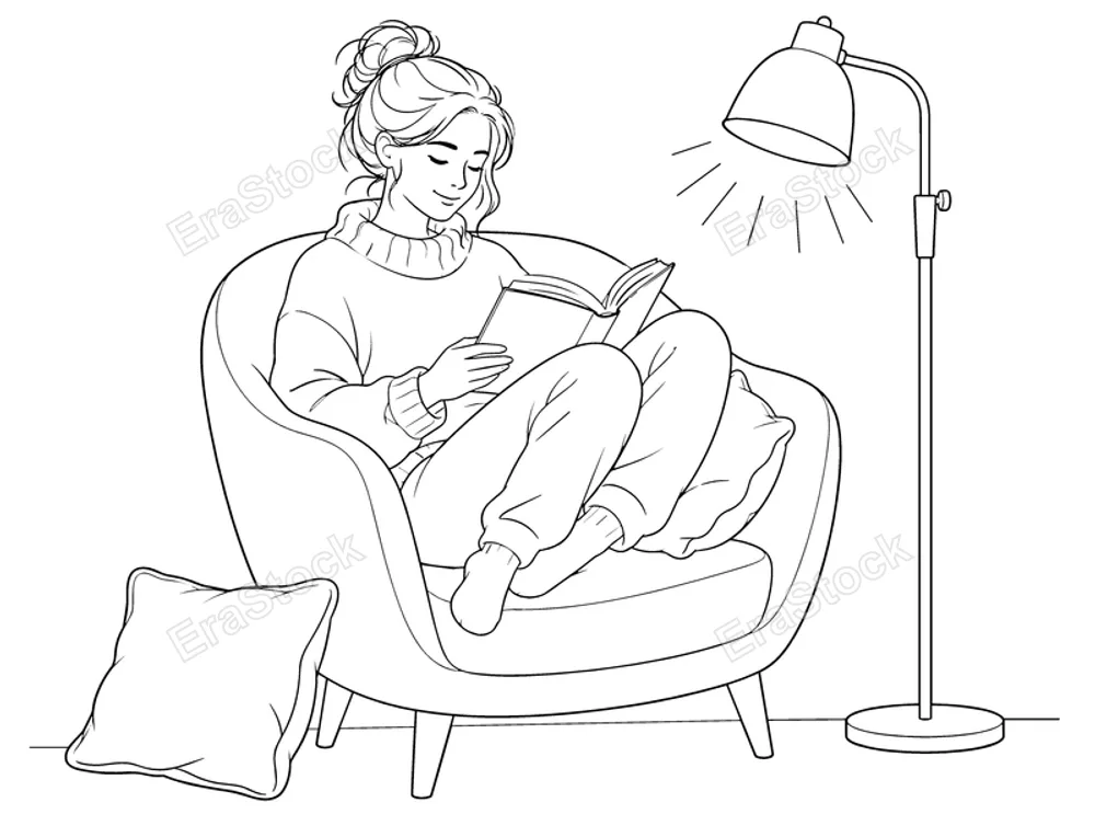 A tranquil scene featuring a person enjoying a book in a cozy chair under warm light