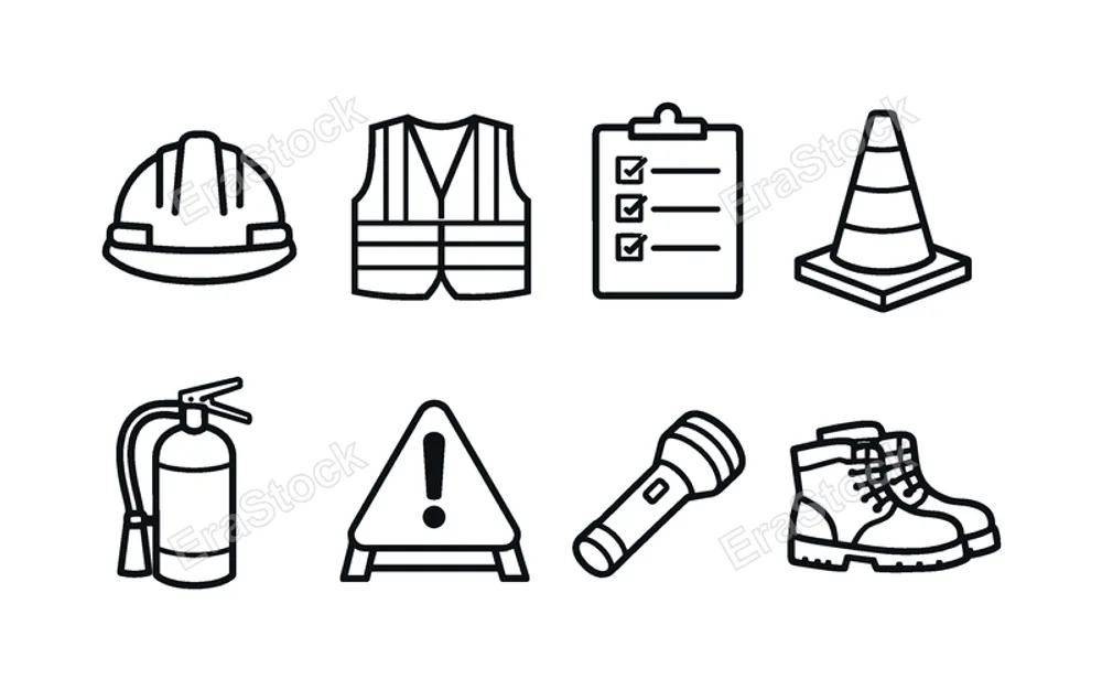 Safety inspection: hard hat helmet, safety vest, clipboard checklist, traffic cone, fire extinguisher, caution sign, flashlight, boots.