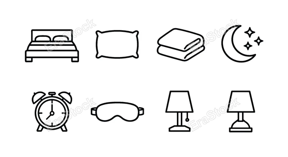 Sleep essentials: bed, pillow, blanket, moon, stars, alarm clock, sleep mask, bedside lamp.