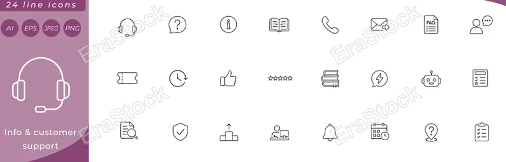 Info & customer support: headset, chat bubble with question mark, info circle, open book, telephone handset, email envelope with arrow, FAQ document, user silhouette with speech bubble, ticket stub