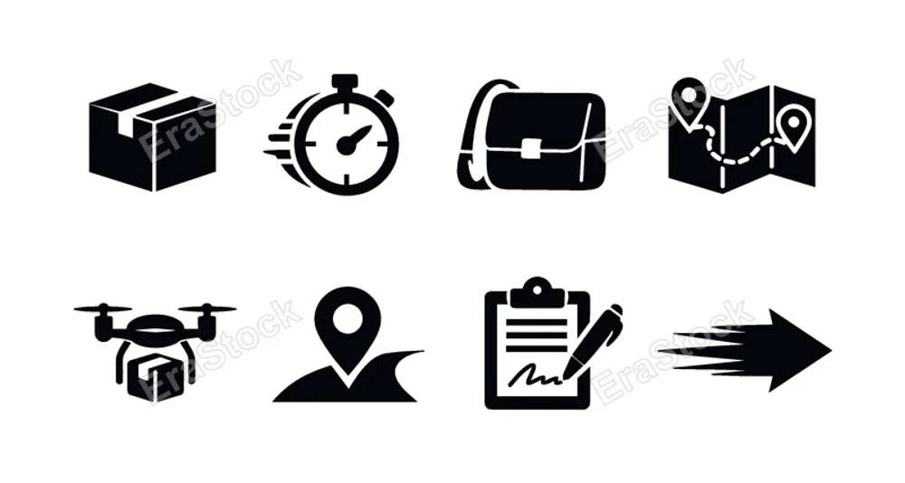 Instant delivery concept: package box, stopwatch, courier bag, map route, drone delivery, tracking pin, signature receipt, fast arrow.