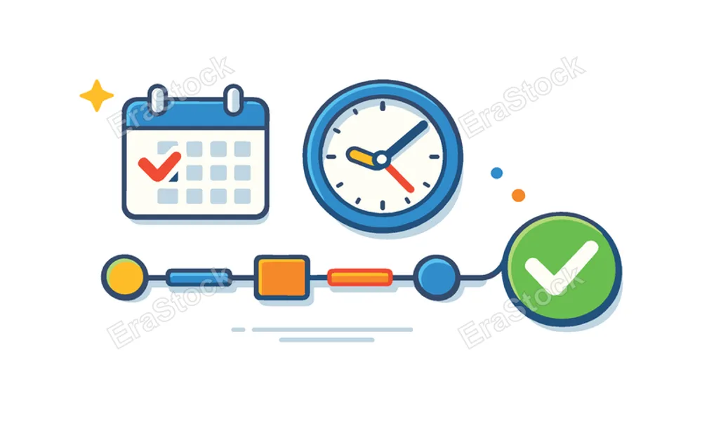 Work schedule organization scenario centered on coordinating meetings and tasks for smooth workflow execution, a simple timeline connected to a small checkmark icon