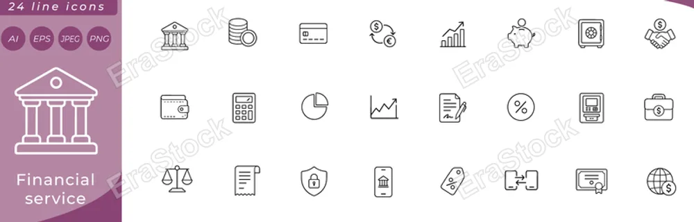 Financial service: bank building with columns, coin stack, credit card, currency exchange arrows, bar chart with upward trend, piggy bank, safe vault with dial, handshake with dollar badge, wallet