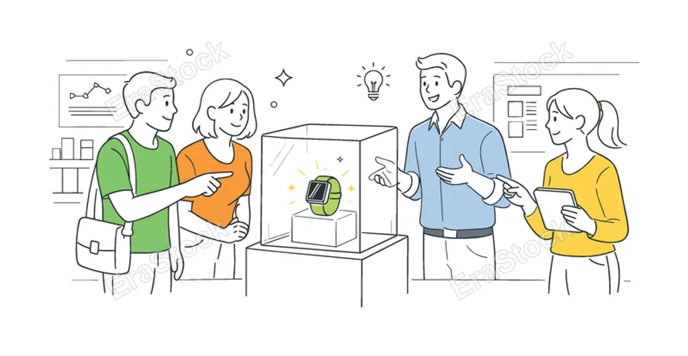 People interacting with modern retail or exhibition spaces featuring transparent glass displays to showcase products or information in a clean environment, illustrated