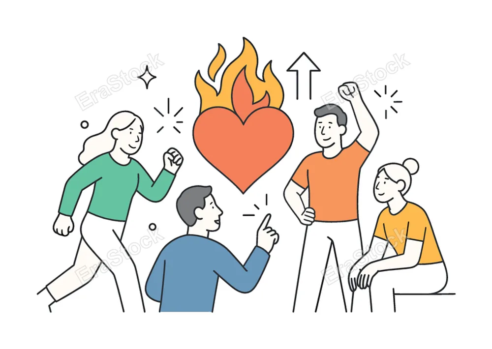 Motivation and inner drive in a personal growth or wellness setting where individuals pursue goals with energy and determination, visualized through a flaming heart