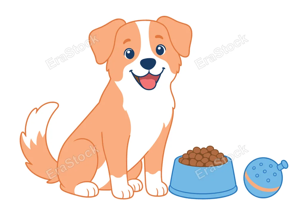 A cheerful cartoon dog with orange and white fur sits patiently beside a blue bowl filled with kibble and a blue ball toy