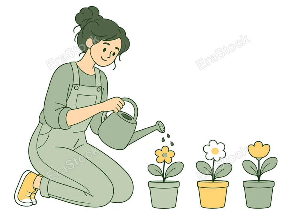 A young woman in overalls kneels and waters three potted flowers with a watering can, symbolizing growth and nurturing