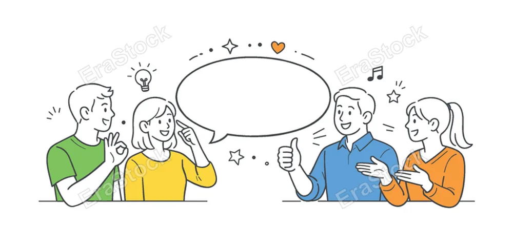 A modern communication and nonverbal interaction concept where people use hand gestures to express ideas and emotions in everyday situations, using a set of simple hand signs and a