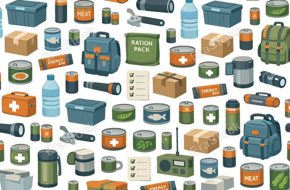 Emergency food supply seamless pattern for preparedness and survival kits featuring canned meat, canned fish, canned vegetables, water bottle, ration pack, energy bar, flashlight,