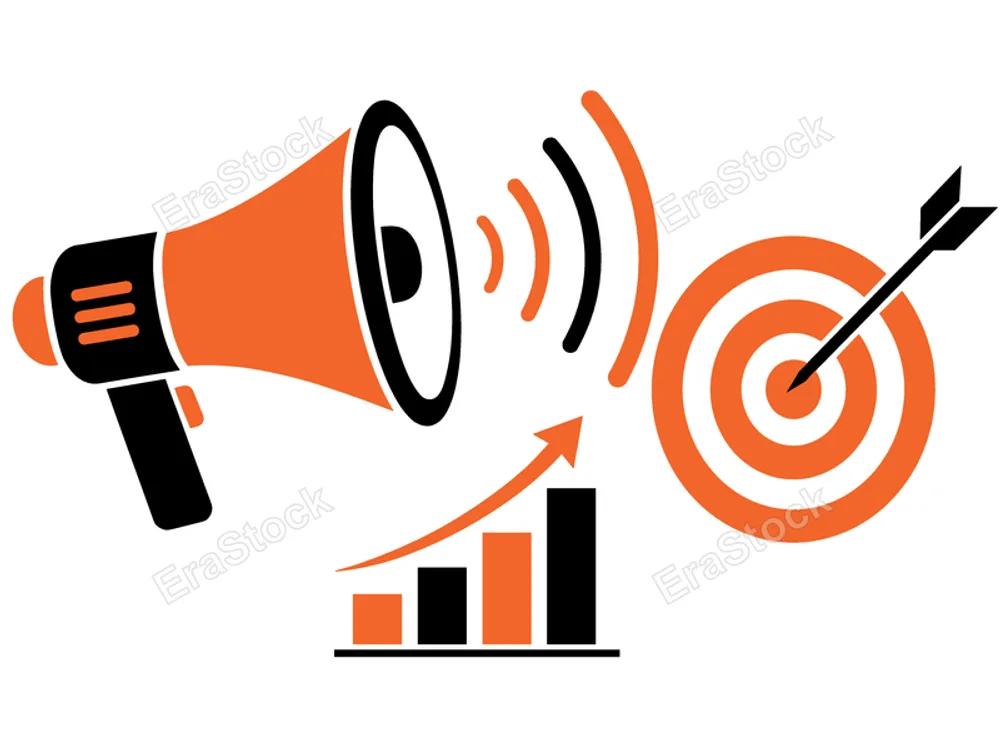 Illustration of a megaphone, a rising bar chart, and a bullseye target with an arrow, representing marketing strategy and achievement