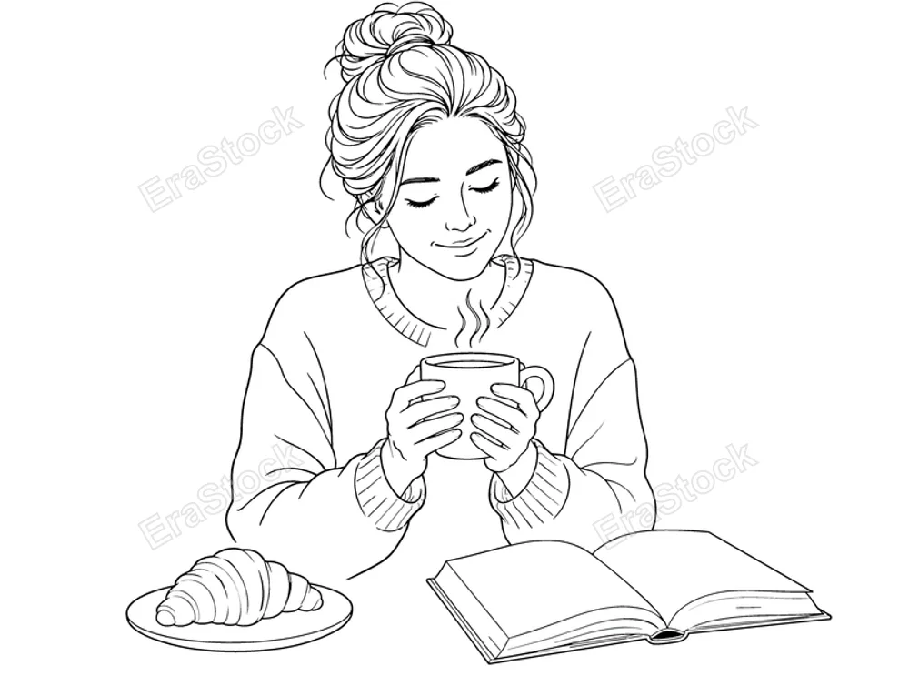 A serene moment captured as a woman savors her morning beverage, surrounded by leisure and comfort