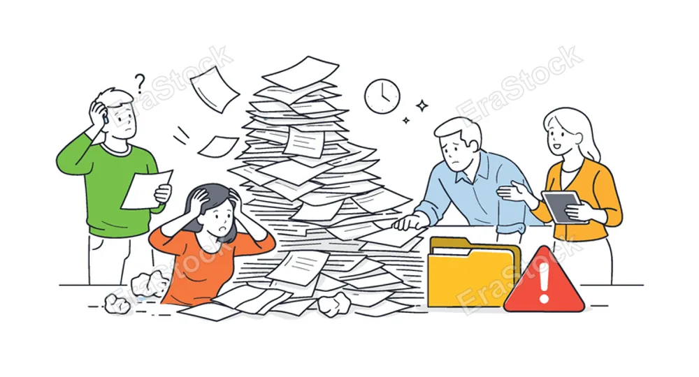 Process inefficiency and document management challenges in a business workflow where disorganized paperwork slows productivity and creates confusion, illustrated by a