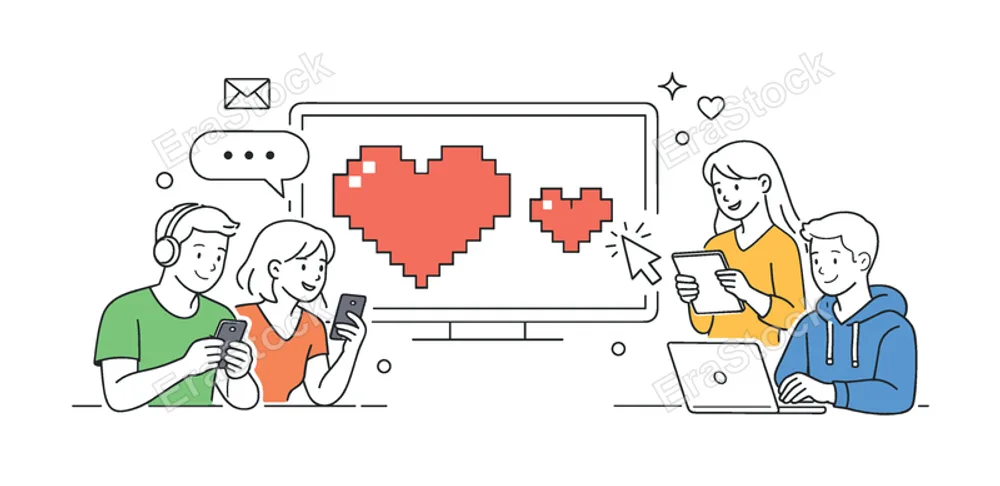 Digital love and online communication in a modern lifestyle context where people express emotions through virtual interactions and messaging platforms, represented by a
