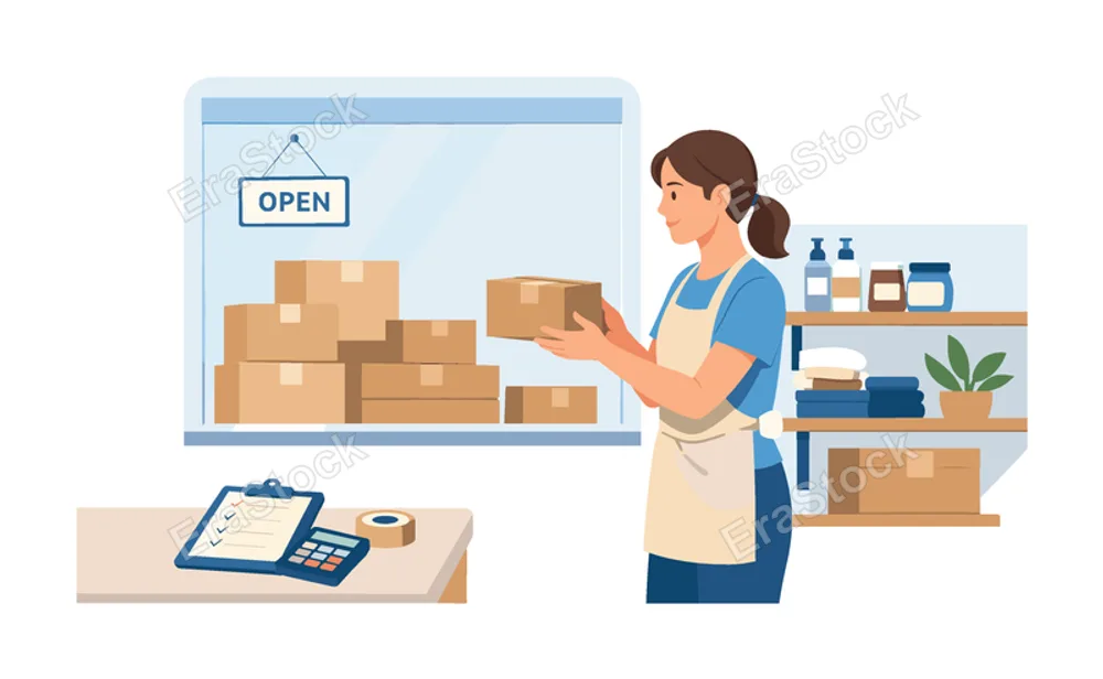 A small business retail scene showing an owner organizing products and preparing the store for customers, reflecting entrepreneurship, daily operations, and attention to