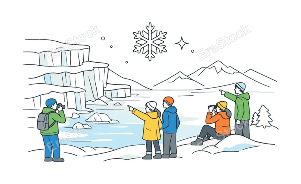 A frozen polar landscape appreciation scene where people explore the beauty of snowy ice caps and pristine winter environments together, expressed through a clear visual metaphor