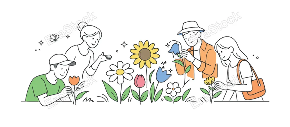People exploring and appreciating different types of flowers in a calm natural or lifestyle setting to enjoy variety and beauty, illustrated through a clear metaphor of a