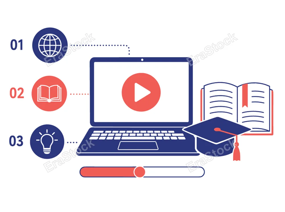 Digital education infographic elements including a laptop with a play button, a graduation cap, an open book, and icons for global reach, study, and ideas
