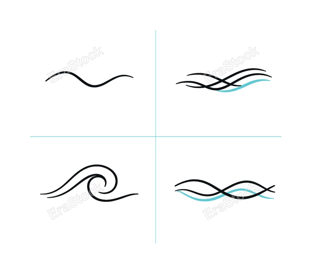 Wavy lines and flowing strokes representing dynamic movement and modern abstract graphic elements used in contemporary design layouts and backgrounds, visualized as four simple