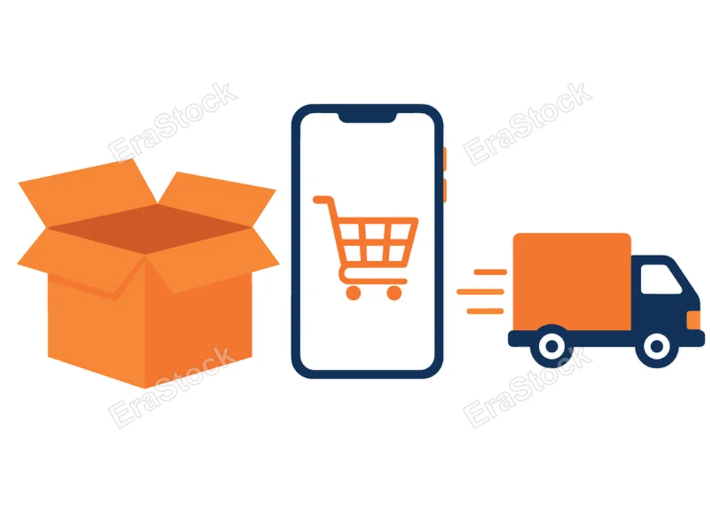 A smartphone displaying a shopping cart icon connects to a delivery truck and an open box, symbolizing e-commerce logistics