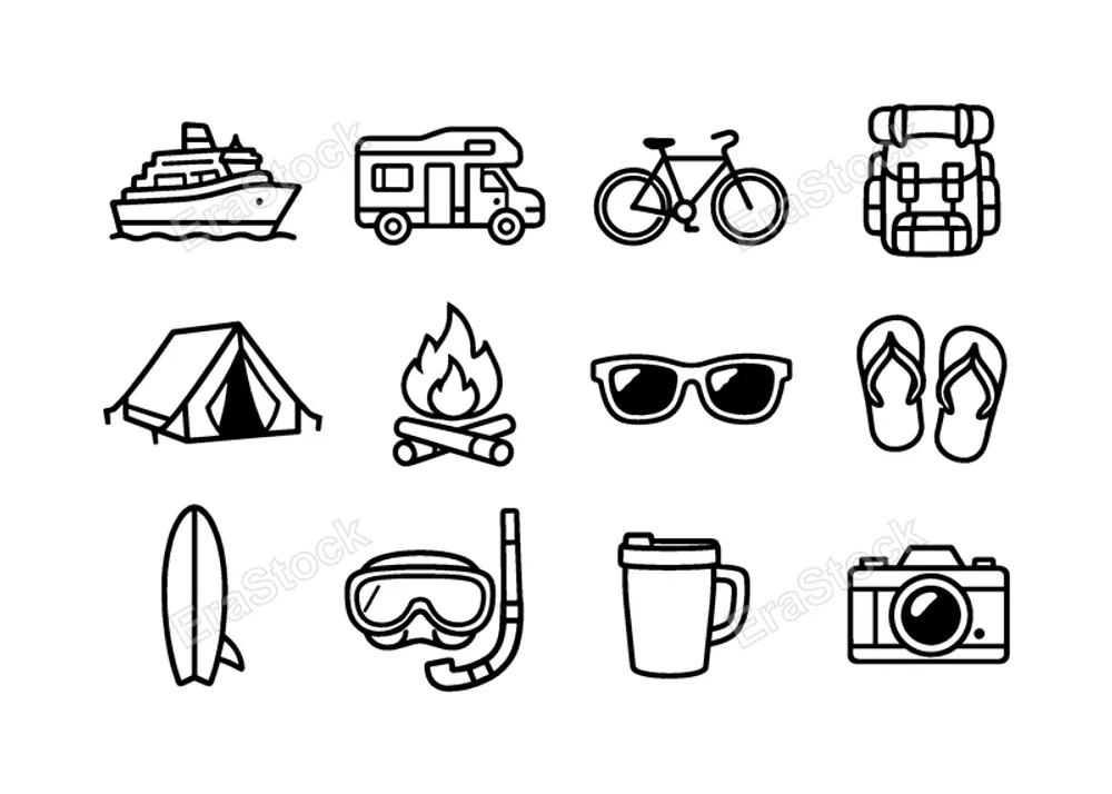 Vacation travel activities: cruise ship, camper van, bicycle, hiking backpack, tent, campfire, sunglasses, flip flops, surfboard, snorkel mask, travel mug, photo camera