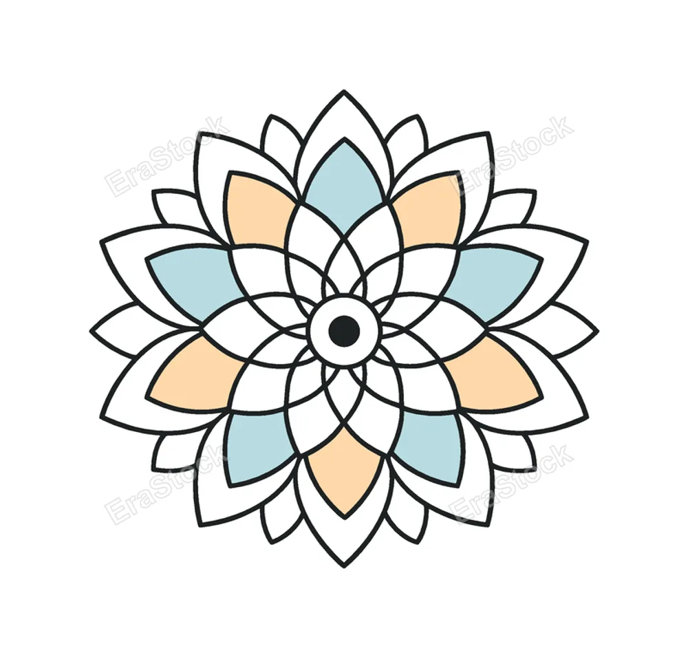 Mindfulness and inner balance through structured decorative symmetry, a circular mandala ornament composed of repeating petal shapes and a central dot core symbolizing