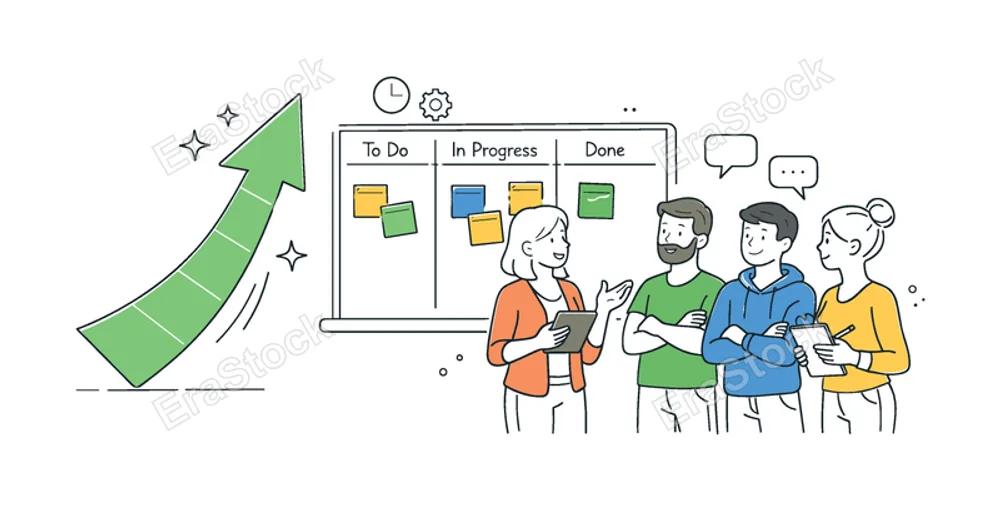 Product development stand-up meeting scenario where a team gathers near a large progress arrow and a simple kanban board with a few task cards, illustrating daily agile