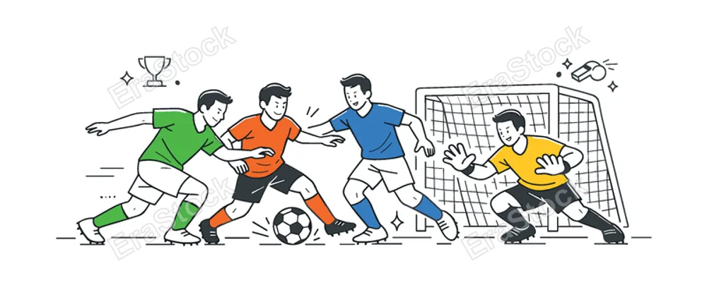 A dynamic football match scenario where players compete on the field during an intense game, shown through a small group interacting near a simple goal post and soccer