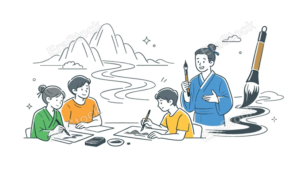 Artists studying traditional Chinese ink landscape painting during a calm creative workshop while exploring cultural heritage and classical art techniques, representing