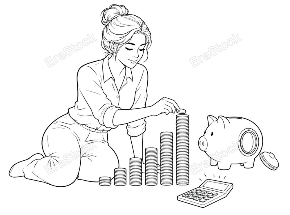 A woman is shown on the floor, meticulously stacking coins into a growing pile beside a piggy bank and a calculator, symbolizing personal finance and savings