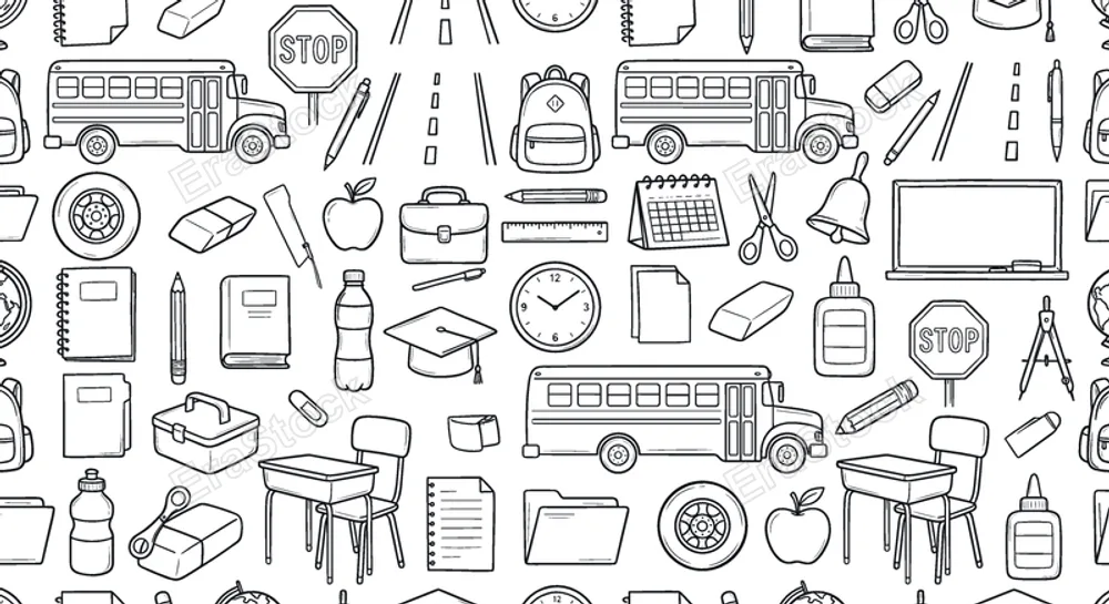 Student daily commute and learning environment concept focused on school bus travel combined with educational supplies and classroom organization. Objects of school bus, bus side,