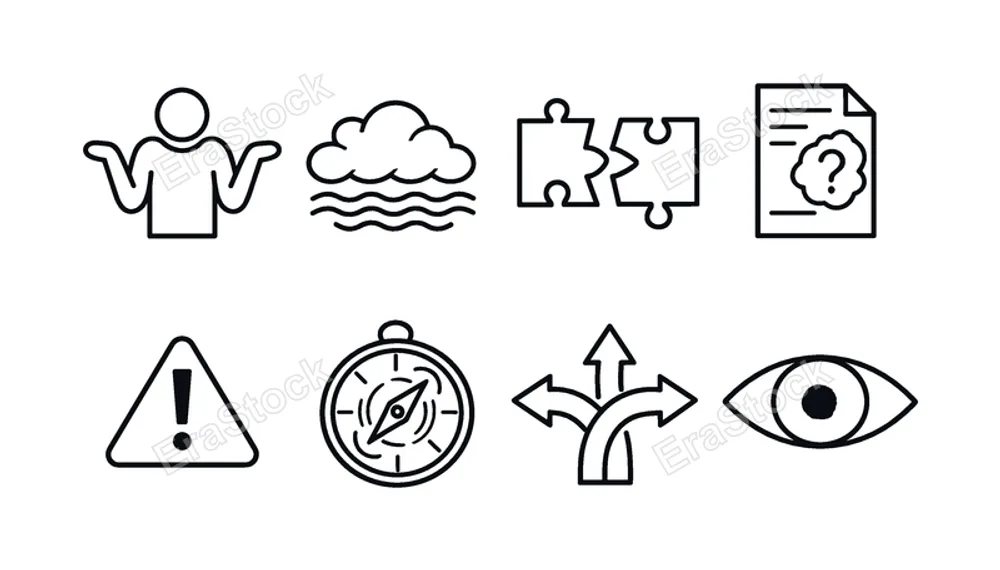 Uncertainty and doubt: shrug figure, fog cloud, broken puzzle, unclear document, warning sign, compass spinning, mixed signals arrows, eye with blur.