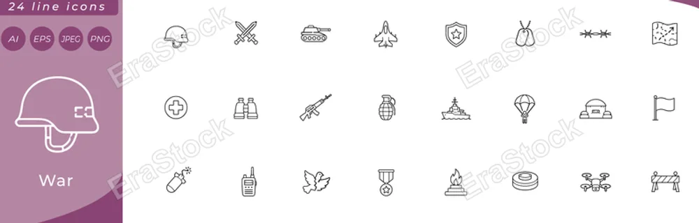 War: military helmet, crossed swords, tank side view, fighter jet, shield with star, dog tag, barbed wire segment, trench map with arrow, medic cross badge, binoculars, rifle outline, grenade, naval