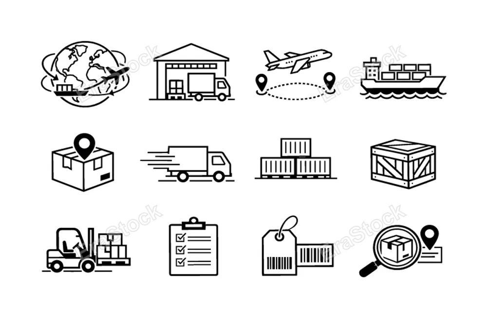 Global logistics network set: world globe with cargo route, warehouse with loading truck, airplane cargo route, ship cargo route, package with location pin, delivery truck with
