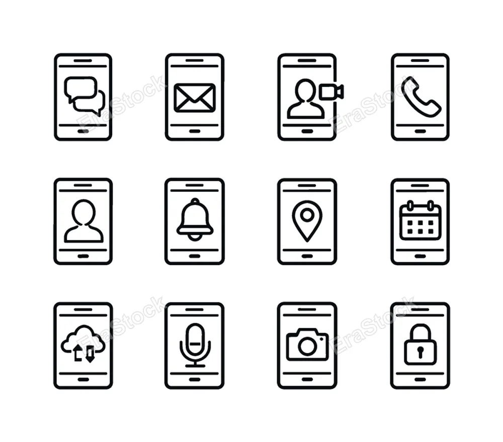 Smartphone communication tools: smartphone with chat bubbles, smartphone with envelope mail, smartphone with video call screen, smartphone with phone handset, smartphone with