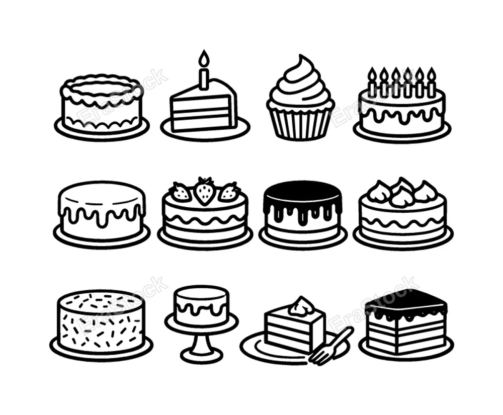 Birthday party desserts: frosted birthday cake, slice of cake with candle, cupcake with swirl frosting, cake with candles row, cake with dripping glaze, cake with strawberries
