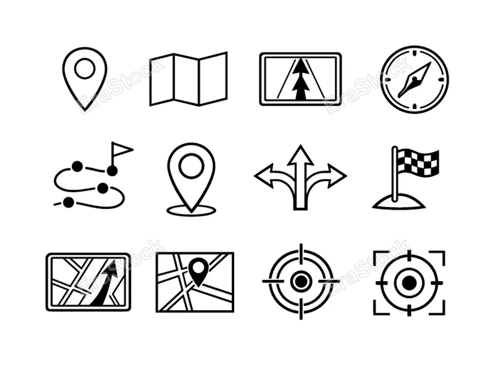 Location and navigation: location pin, map fold, gps navigation, compass, route path, destination flag, map marker, direction arrows, waypoint dots, navigation screen,