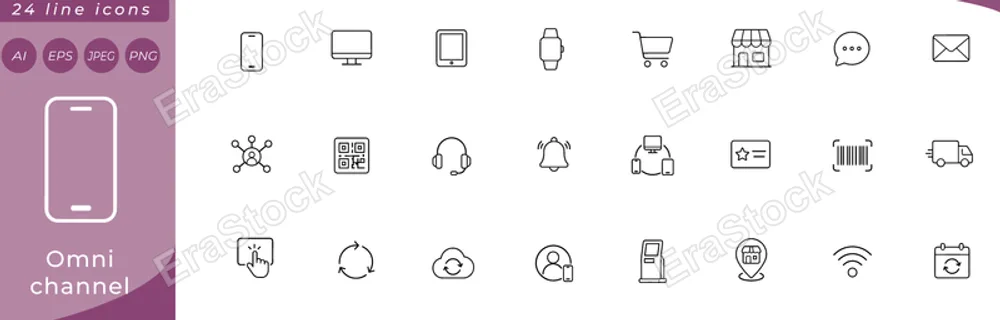Omni channel: smartphone, desktop monitor, tablet, smartwatch, shopping cart, storefront, chat bubble, email envelope, social media network nodes, QR code square, headset, push notification bell